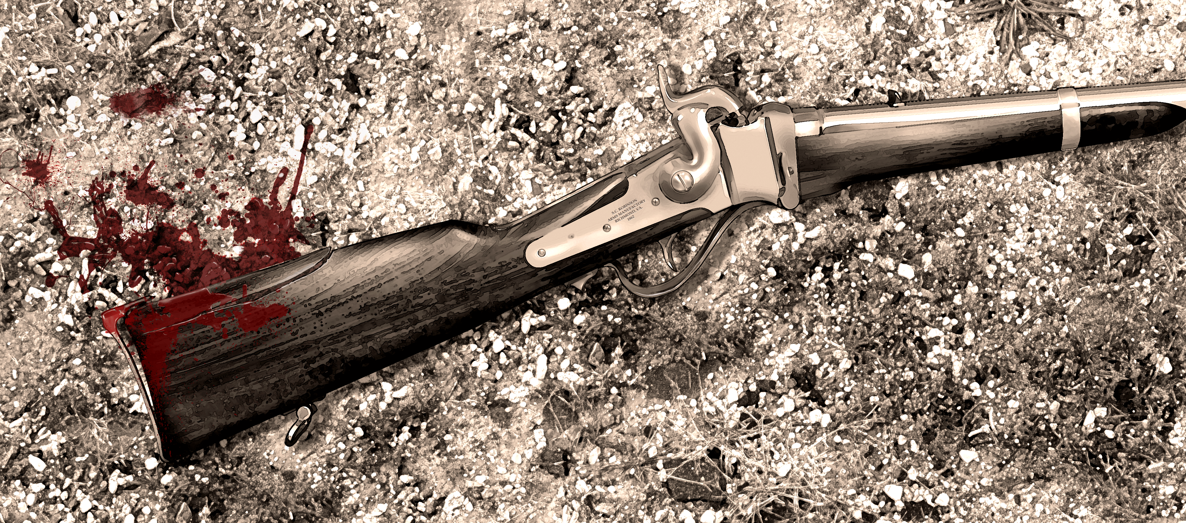 A rifle witha cracked and bloody stock.